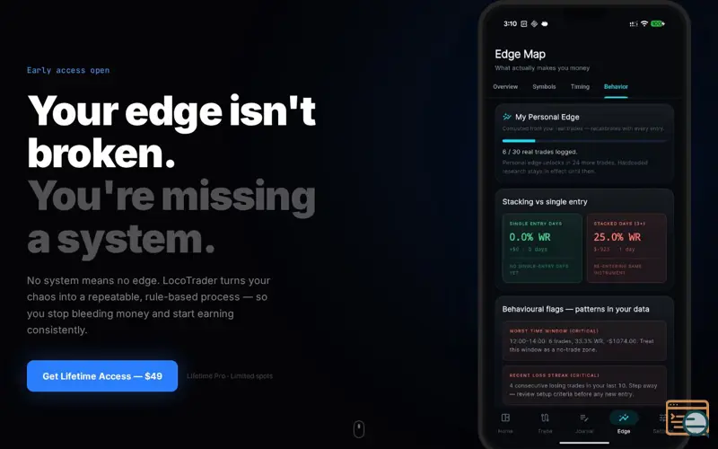 Screenshot of LocoTrader — Your Edge Isn't Broken. You're Missing a System.