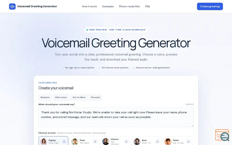 Screenshot of Voicemail Greeting Generator