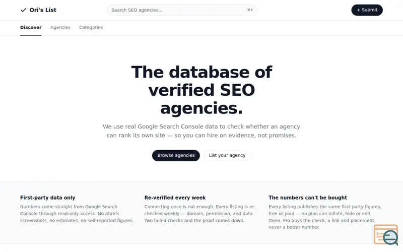 Screenshot of Ori's List — The database of verified SEO agencies