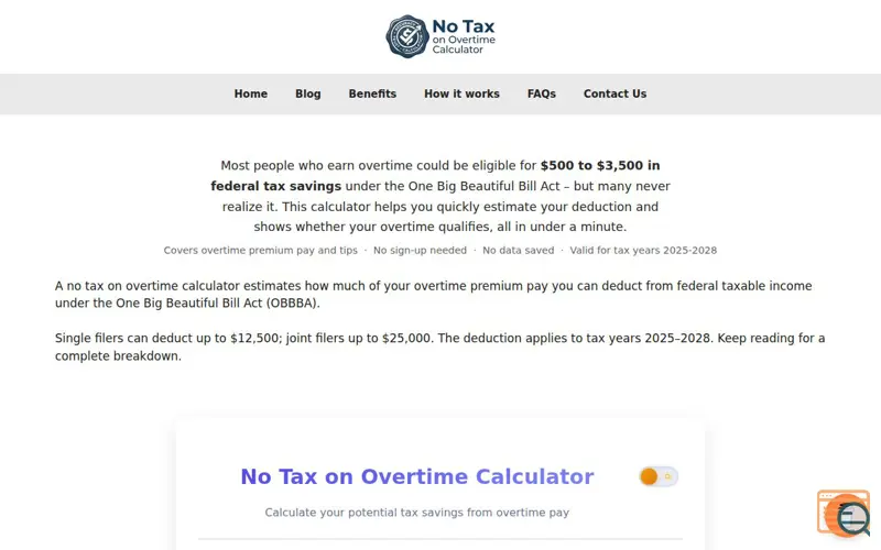 Screenshot of NO TAX On OverTime Calculator, a launch using FlyingPress