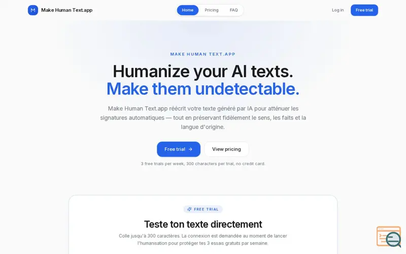 Screenshot of makehumantext — Humanisation de texte IA