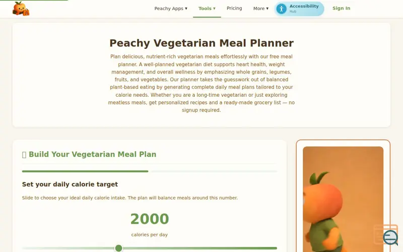 Screenshot of Vegetarian meal planner