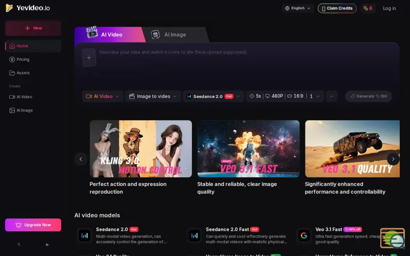 Screenshot of Yevideo - AI Video and Image Platform
