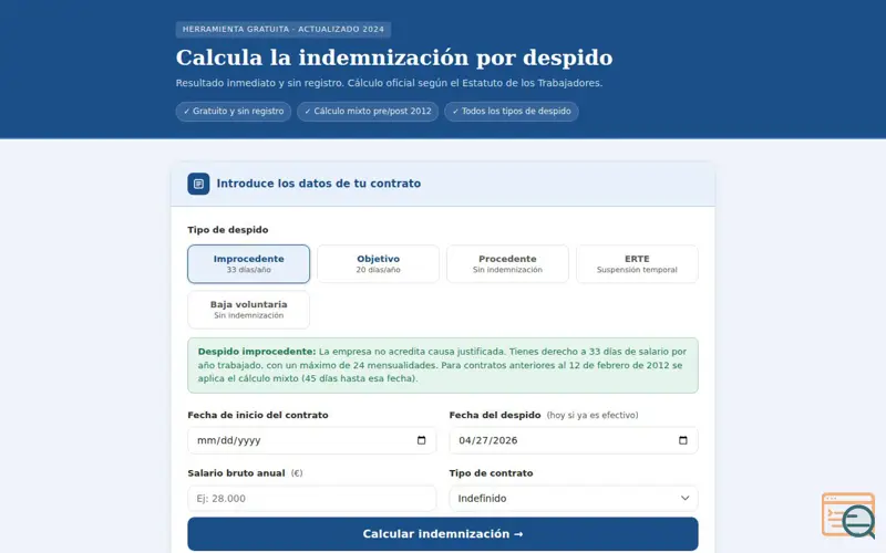 Screenshot of Calculaindemnizacion.es