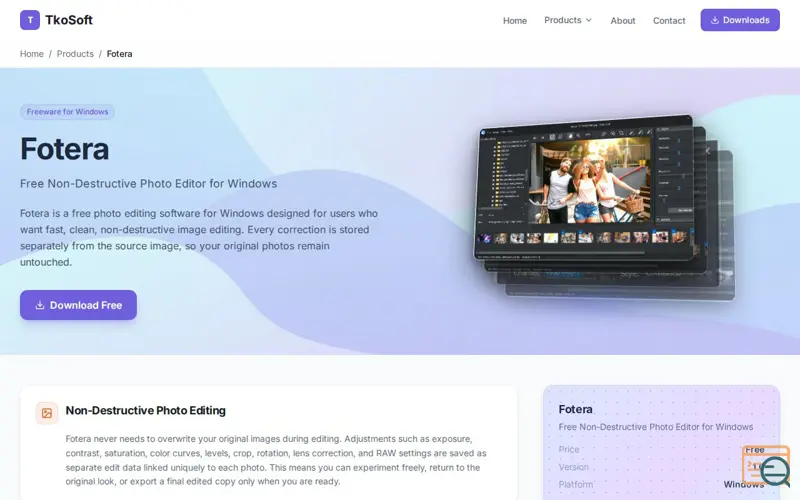 Screenshot of FOTERA Free Non-destructive Photo Editor