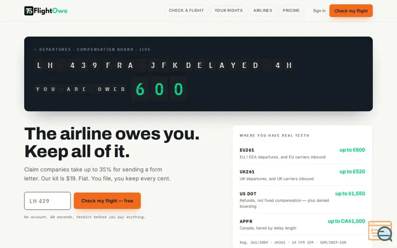 Screenshot of FlightOwe — The airline owes you. Keep all of it.