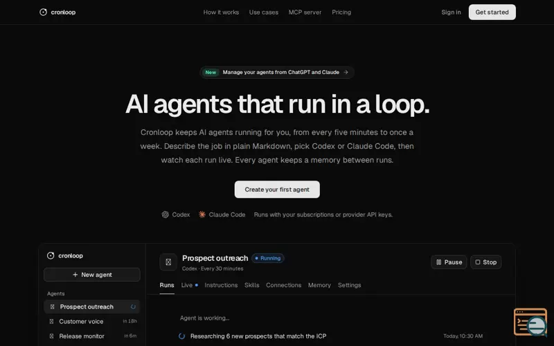 Screenshot of Cronloop: AI agents that run in a loop, a launch using Cactal