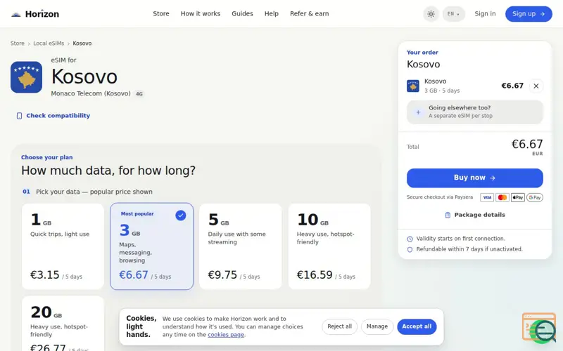 Screenshot of Horizon eSIM, a launch using VueUse