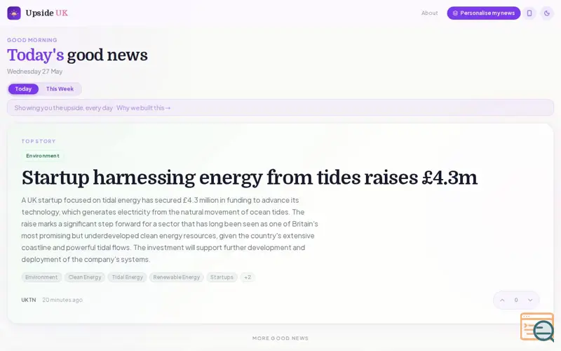 Screenshot of Upside News UK, a launch using BBC