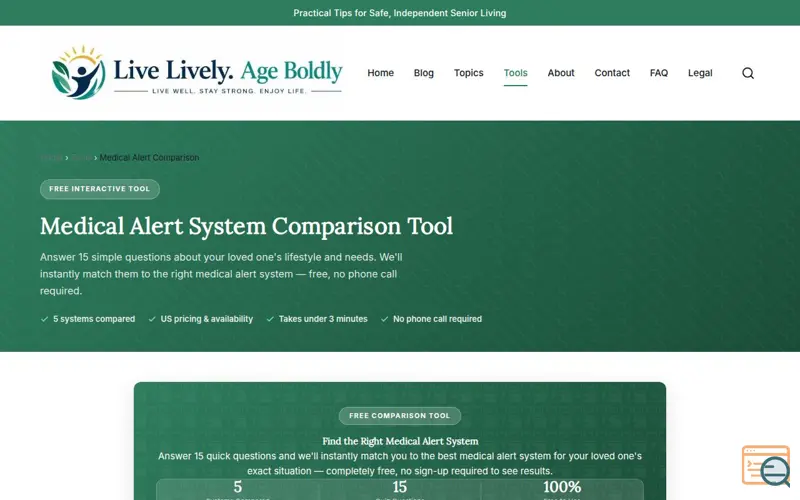 Screenshot of Medical Alert System Comparison Tool