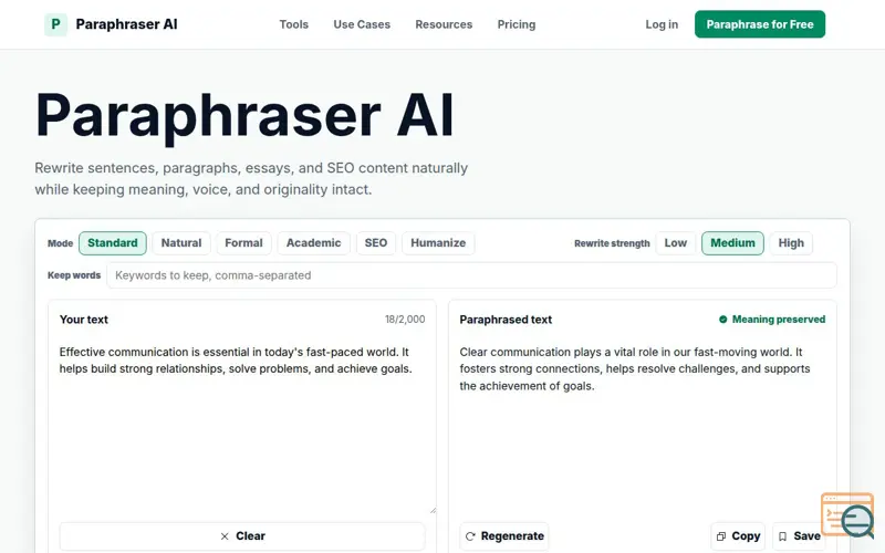 Screenshot of Paraphraser AI