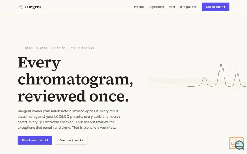 Screenshot of Cuegent · Every chromatogram, reviewed once