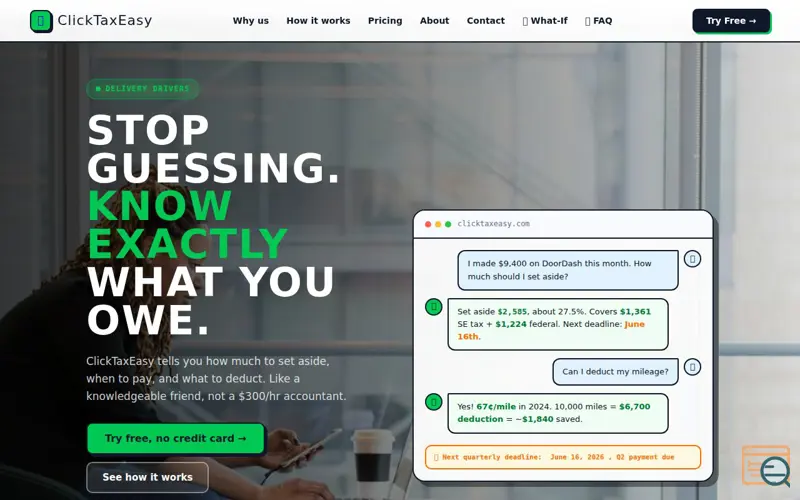 Screenshot of ClickTaxEasy, Gig Worker Taxes
