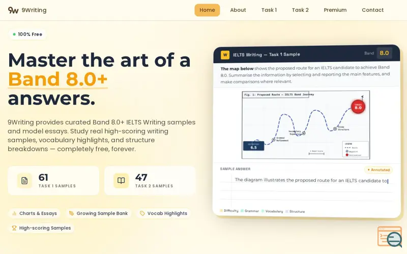 Screenshot of 9Writing - Master IELTS Writing with Band 8+ Model Answers