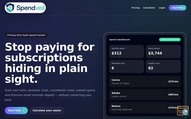 Screenshot of Spendveil — subscription tracker