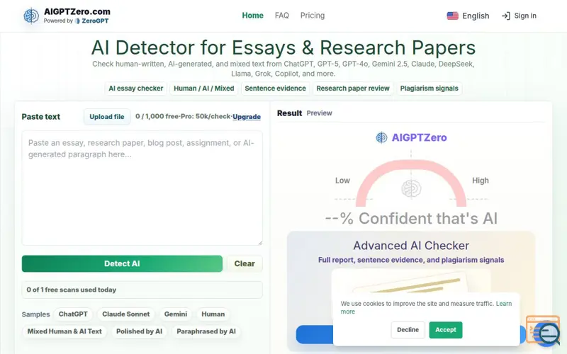 Screenshot of AIGPTZero