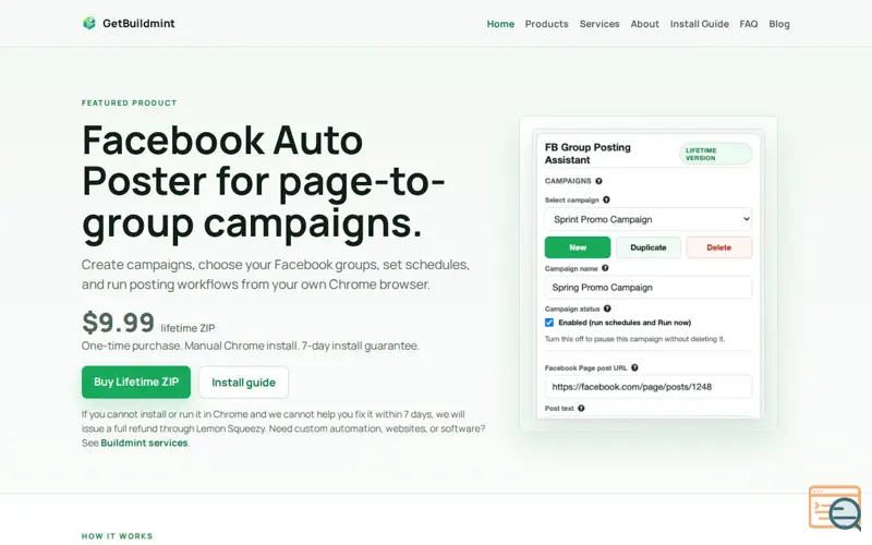 Screenshot of GetBuildMint Facebook Auto Poster