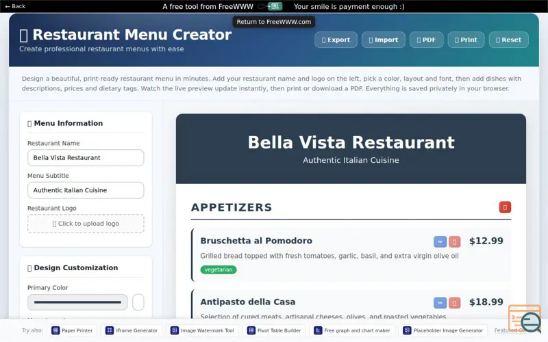Screenshot of FreeWWW Restaurant Menu Creator