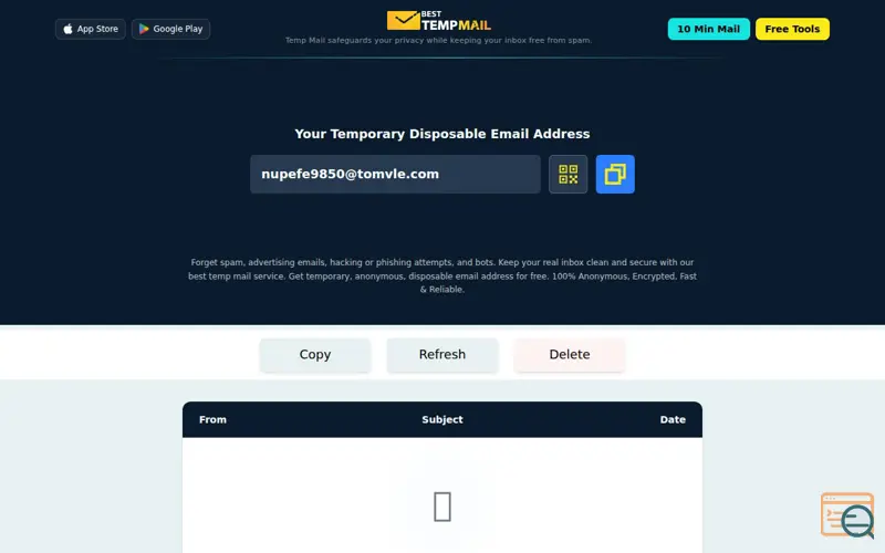 Screenshot of Best Temp Mail, a launch using Monetag