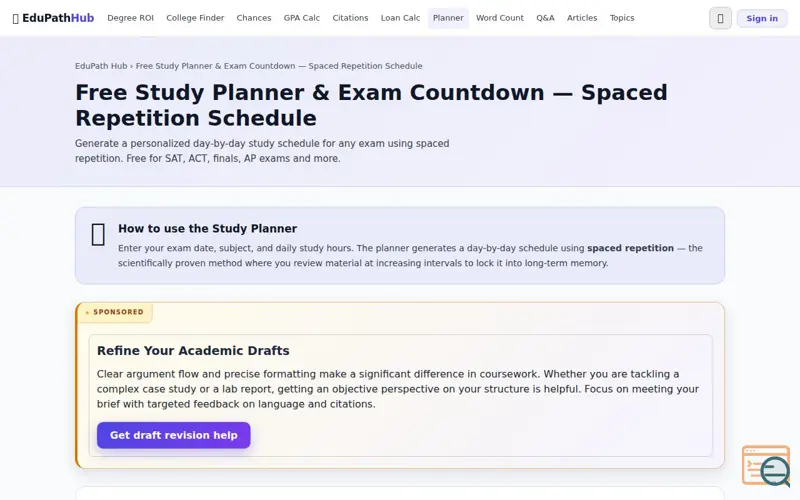 Screenshot of Free Study Planner & Exam Countdown