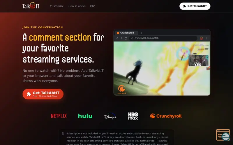 Screenshot of TalkAbtIT — Add a comment section to any streaming service
