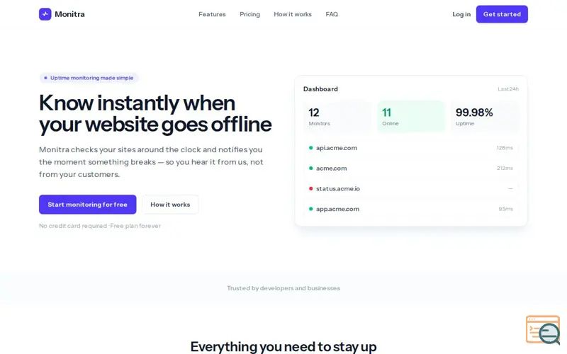 Screenshot of Monitra — Website uptime monitoring