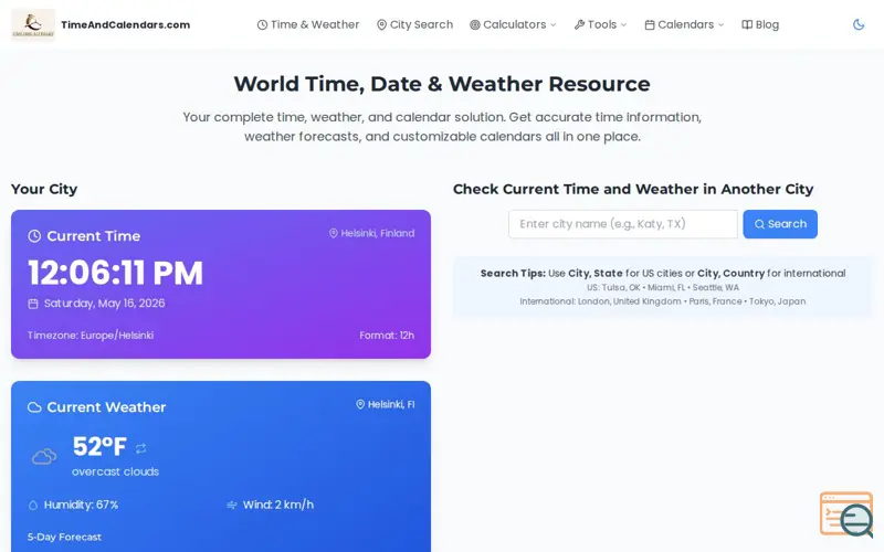 Screenshot of TimeAndCalendars.com