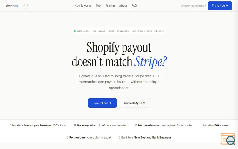 Screenshot of Reconcra — Shopify & Stripe Reconciler