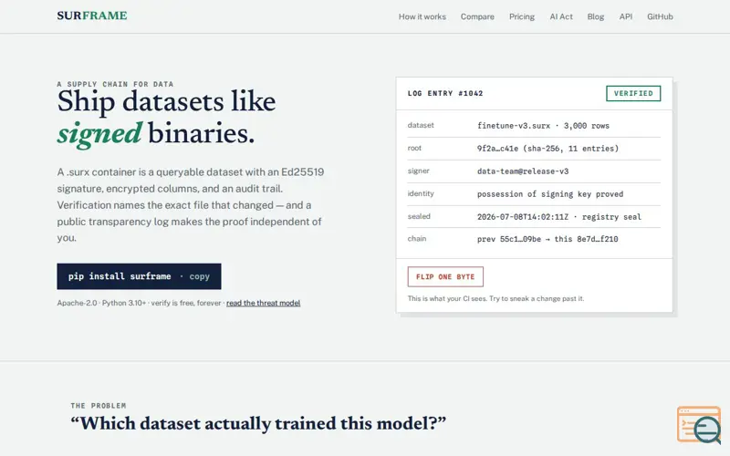 Screenshot of SURFRAME — signed, tamper-evident dataset containers