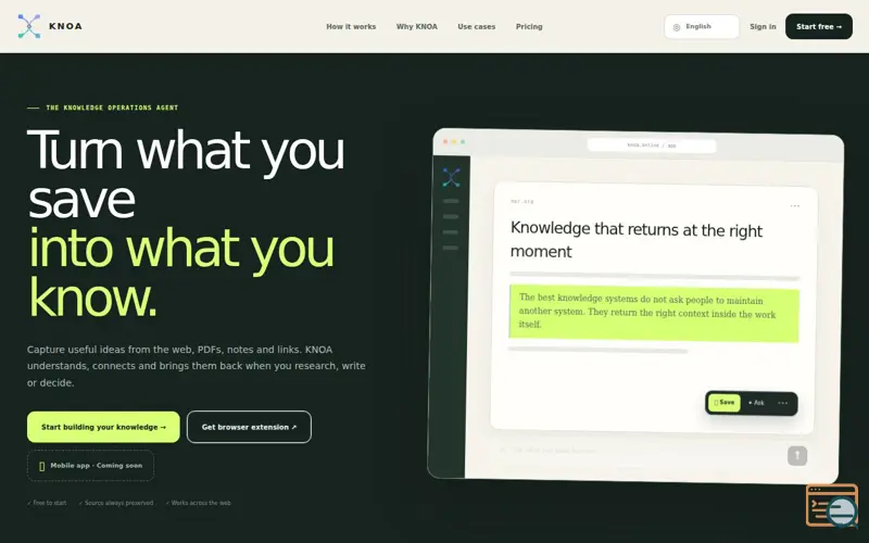 Screenshot of KNOA — AI Knowledge Base & Browser Capture