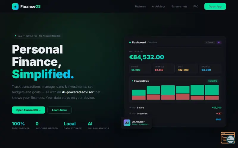 Screenshot of FinanceOS — Personal Finance, Simplified