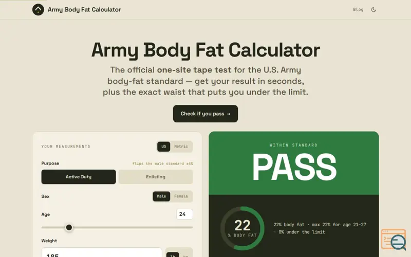 Screenshot of Army Body Fat Calculator
