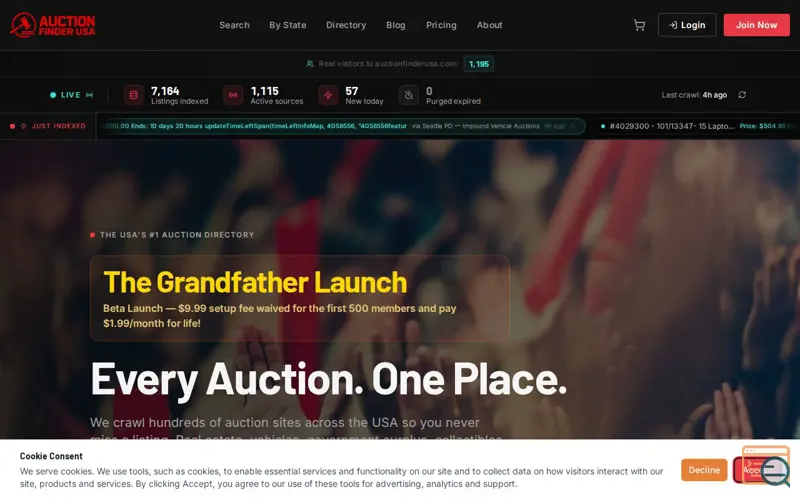 Screenshot of AuctionFinderUSA  All Auctions  , a launch using Nano Stores