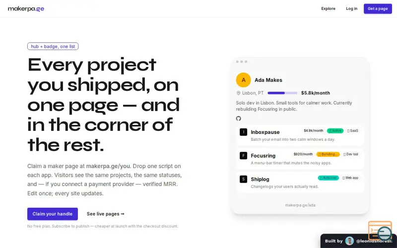 Screenshot of Makerpa.ge, a launch using ShonyLabs