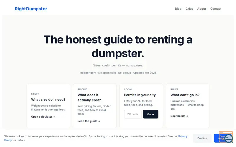 Screenshot of Right Dumpster, a launch using OpenHunts