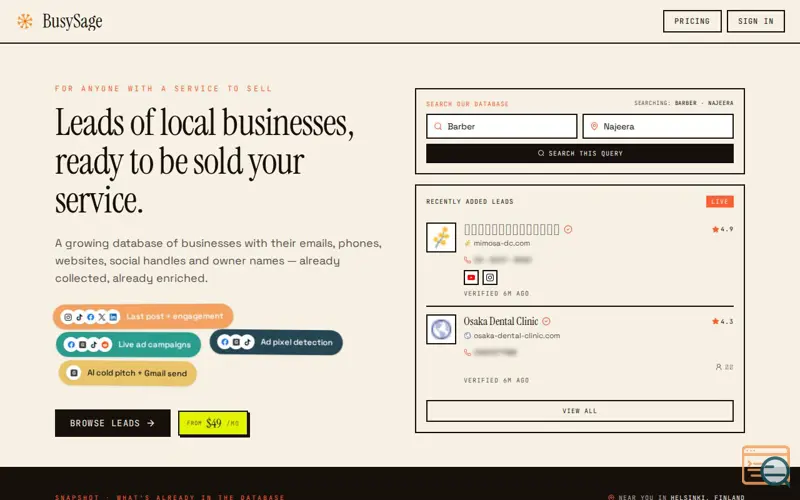 Screenshot of BusySage — Local business leads.