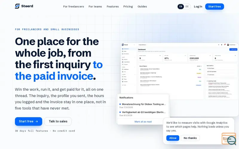 Screenshot of Steerd, the home base for your freelance business