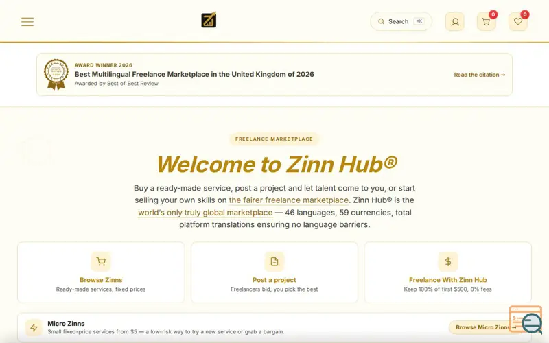 Screenshot of Zinn Hub Freelance Marketplace, a launch using Rank Math