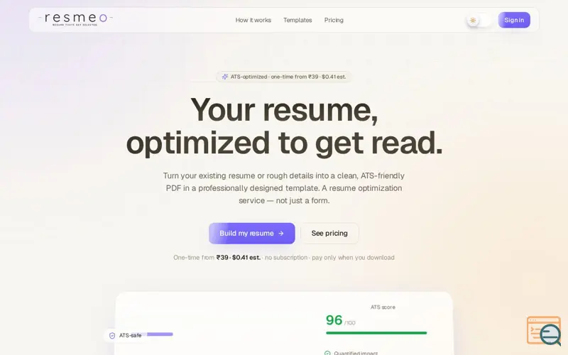 Screenshot of Resmeo — AI Resume Builder for ATS | ATS-Optimized Resumes