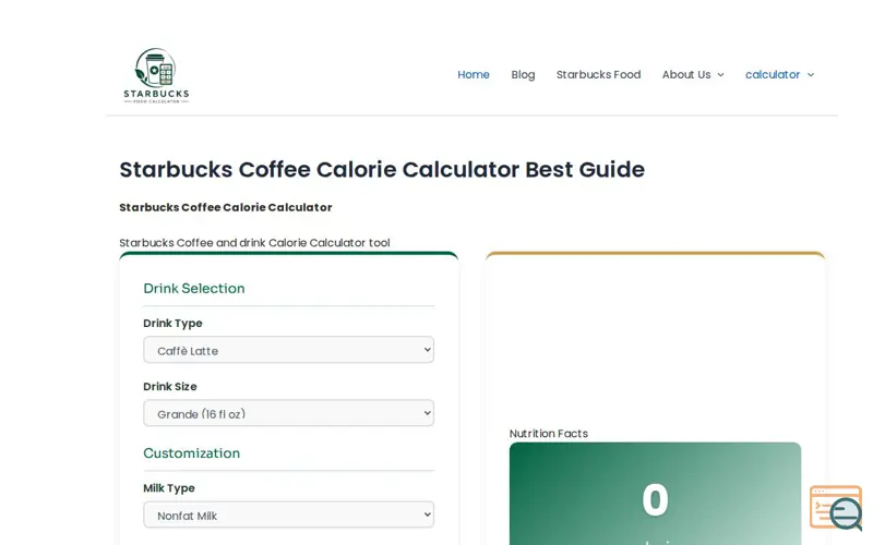 Screenshot of starbucksfoodcalculator