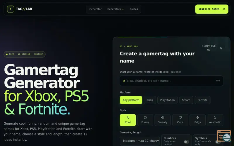 Screenshot of TAG//LAB: gamertag generator