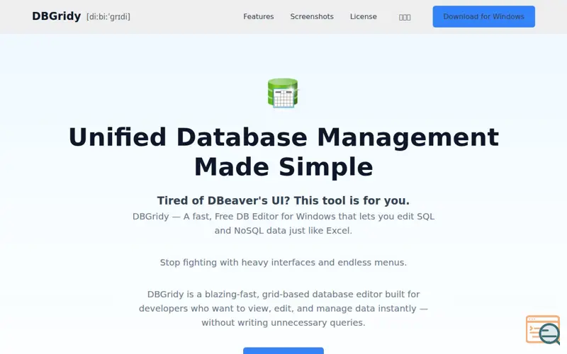 Screenshot of DBGridy, a launch using Hosting.co.kr DNS