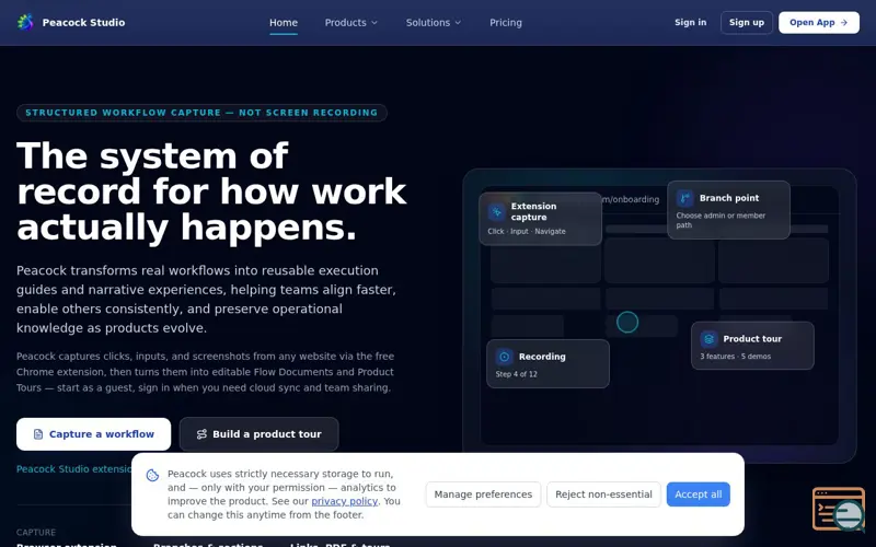 Screenshot of Peacock Studio — Flow docs & product tours from real workflows, a launch using Freshworks