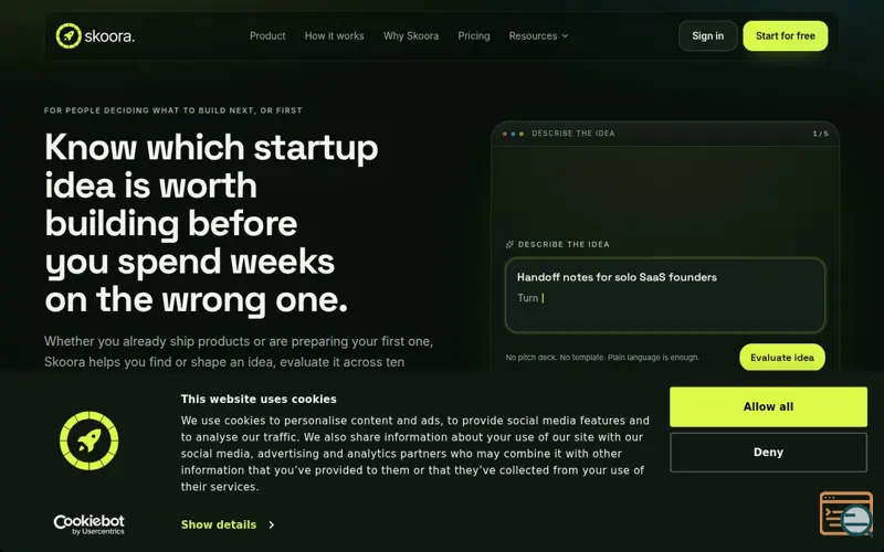 Screenshot of Skoora AI · Score your startup ideas in seconds