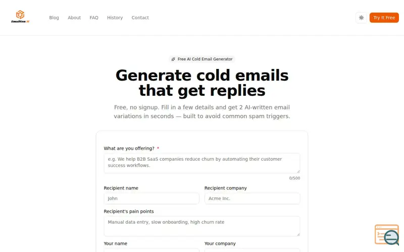 Screenshot of EmailGen AI — Free AI Cold Email Generator | No Signup Required