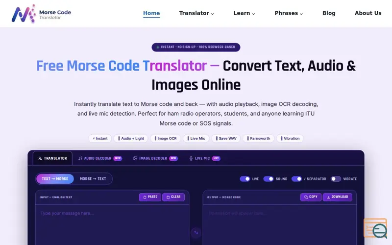Screenshot of Morse Code Translator, a launch using Tesseract.js