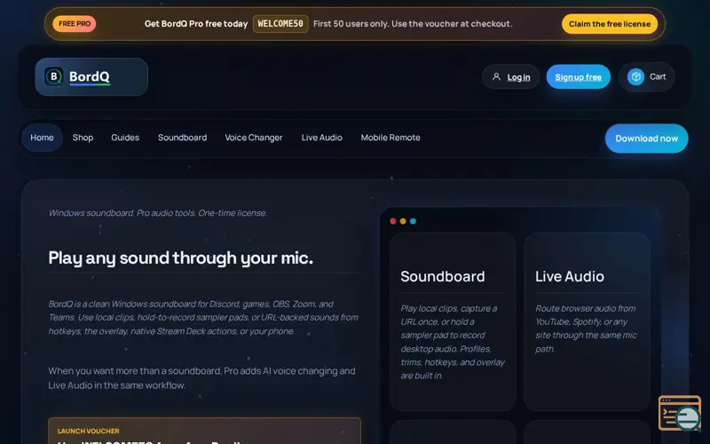 Screenshot of BordQ — Windows Soundboard with AI Voice Changer & Live Browser Audio