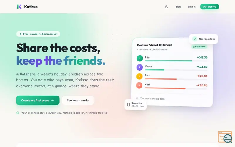 Screenshot of Kotisso, expense sharing that stays simple