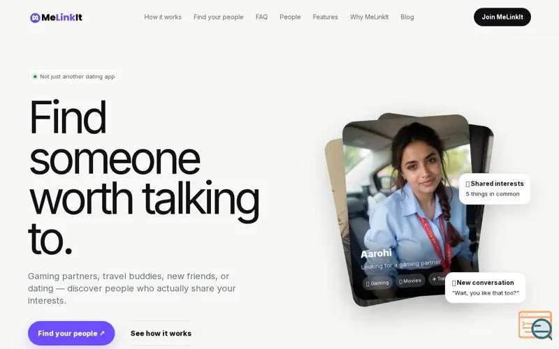 Screenshot of MeLinkIt — Find someone worth talking to.