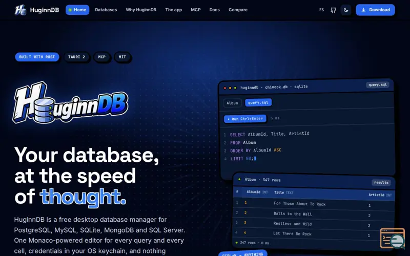 Screenshot of HuginnDB